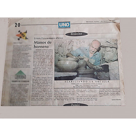 Artículo en la prensa de Mendoza sobre  el alfarero Ernesto Fluixà