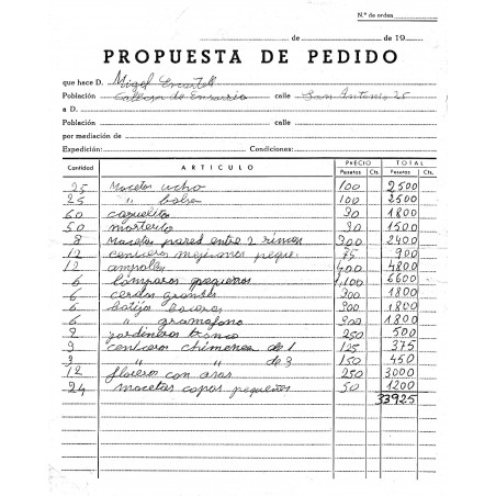 Propuesta de pedido para taller de Vicente Prats Marhuenda