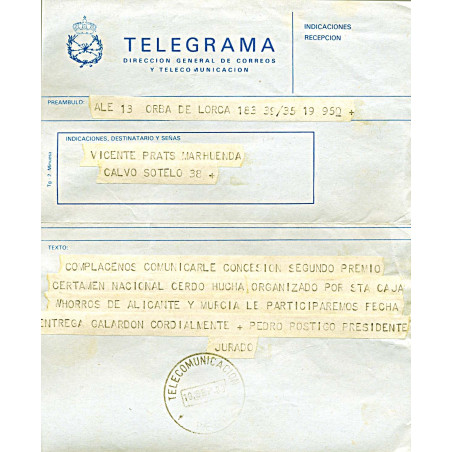 Telegrama en que anuncian a Vicente Prats Marhuenda que ha conseguido el segundo premio en el Certamen de Alfarería