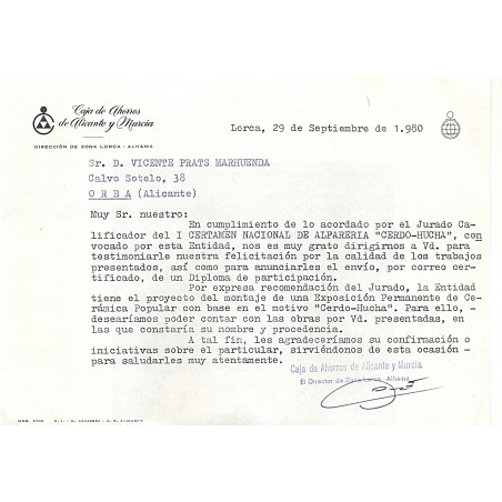 Invitación a la exposición del Certamen de Alfarería para Vicente Prats Marhuenda