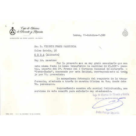 Anuncio del premio y la suma que ganó Vicente Prats Marhuenda