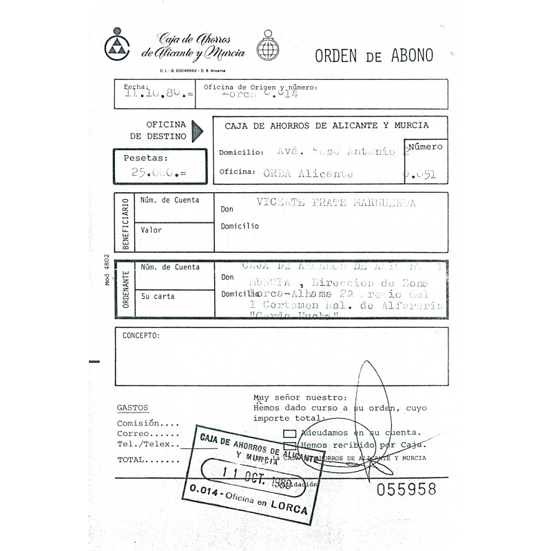 Ingreso de la suma del premio I Certamen de Alfarería