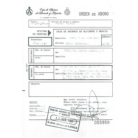 Ingreso de la suma del premio I Certamen de Alfarería