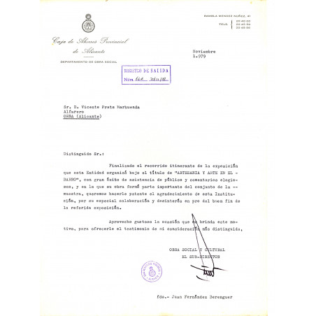 Agredecimiento dirigido a Vicente Prats Marhuenda por participar en la exposición de piezas de alfarería en Alicante